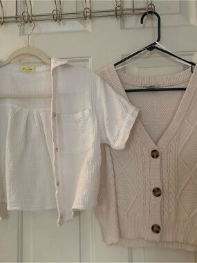White Linen Short-Sleeve Button Shirt and Vest Bundle